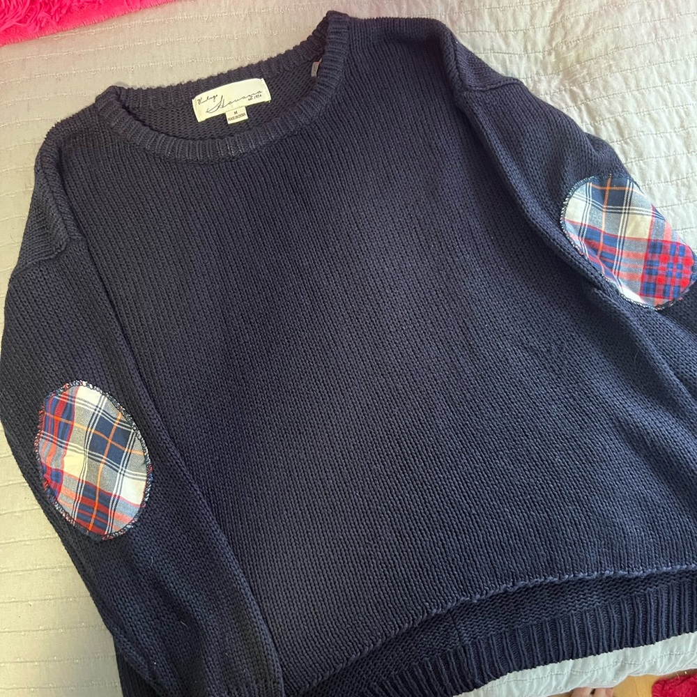 Vintage Havana, like new, lightweight Navy Blue Sweater with Plaid Elbow Patches
